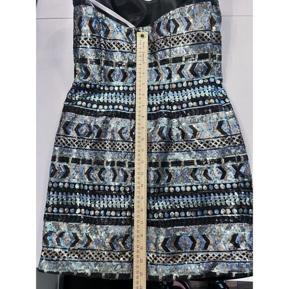 Precious Formals Sequin Mini Dress Sparkle Size 4 Blue Green Black Chunky Stones - Picture 7 of 10